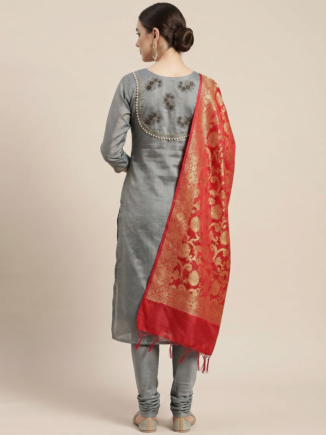 Grey Festive Wear Embroidered Floral Printed Chanderi Dress Material - Image 2