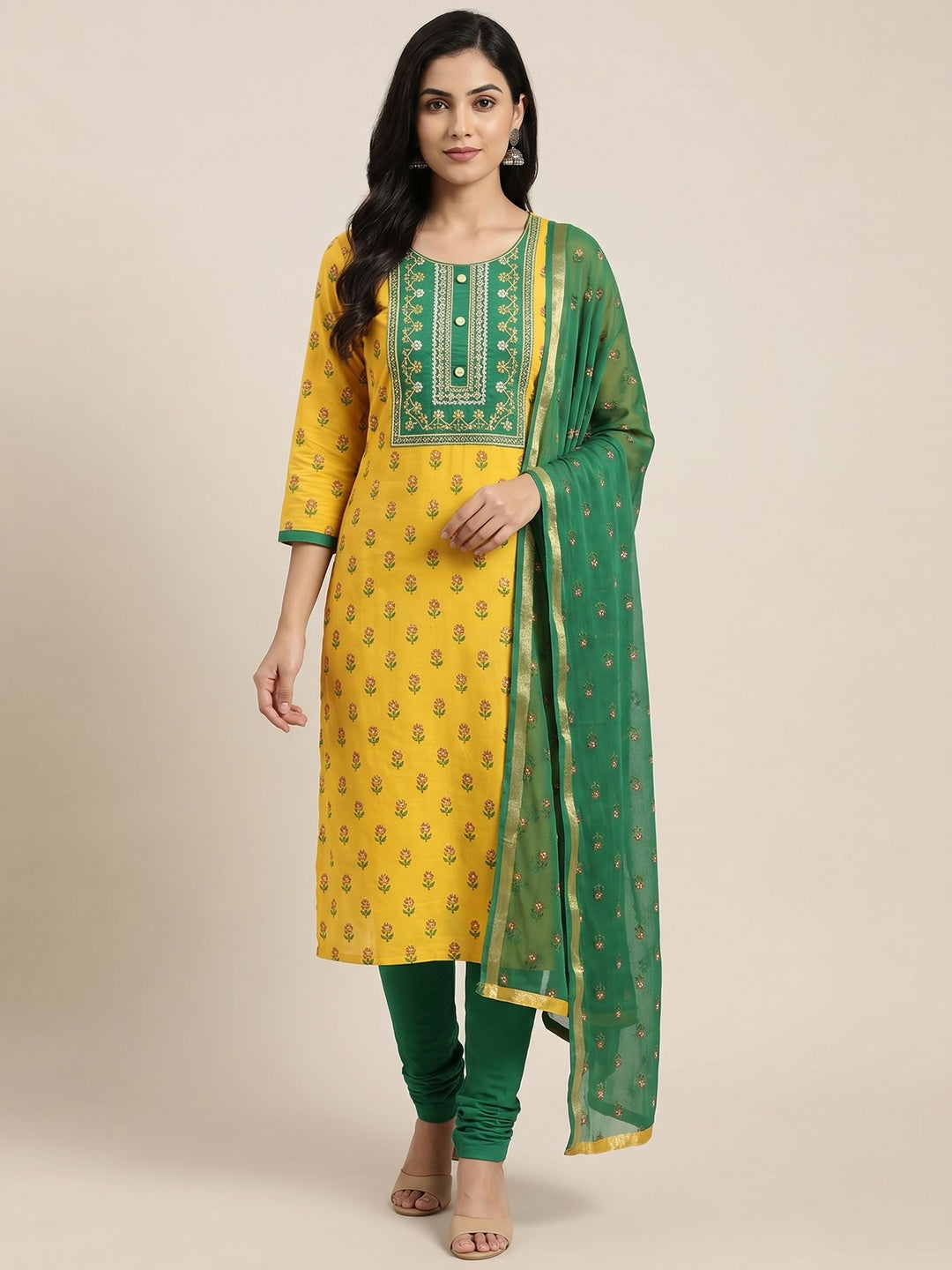 Yellow Festive Wear Embroidered & Embellished Cotton Dress Material - Image 1