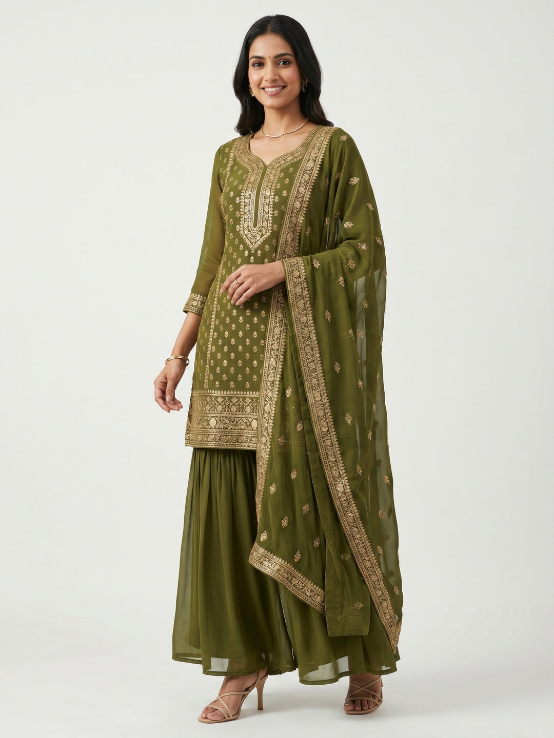 Mehendi Green Party Wear Embroidered Georgette Sharara Suit - Image 1