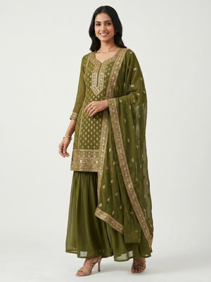 Mehendi Green Party Wear Embroidered Georgette Sharara Suit - Image 1