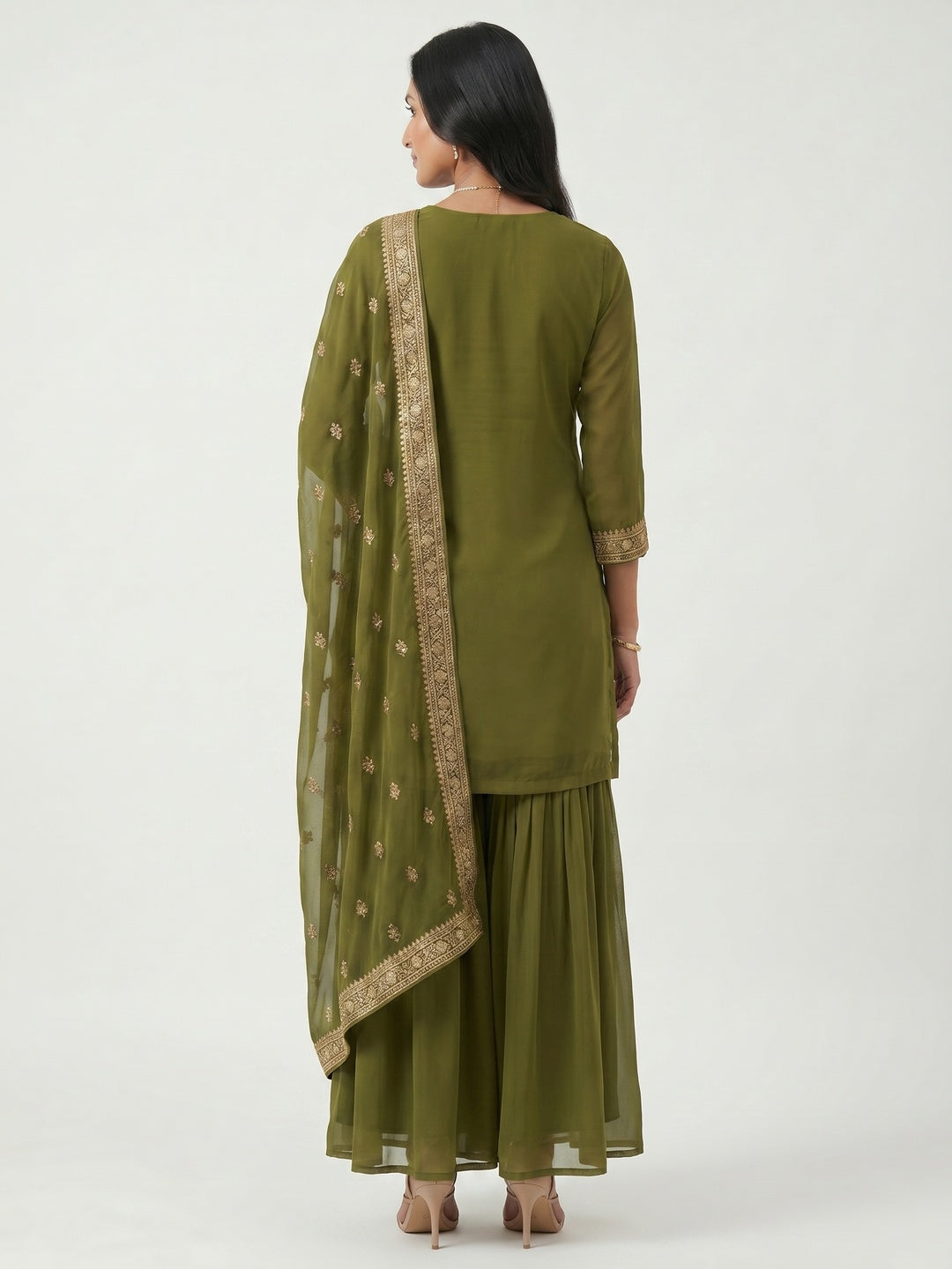 Mehendi Green Party Wear Embroidered Georgette Sharara Suit - Image 3