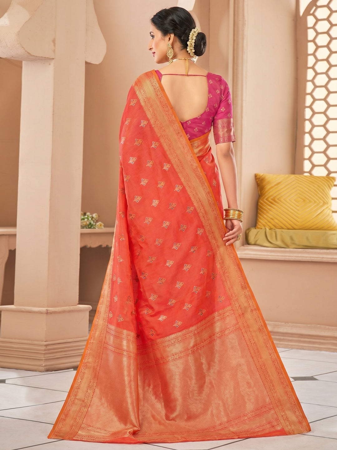 Red Festive Wear Woven Cotton Saree - Image 1