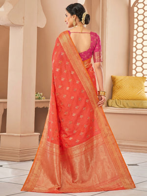 Red Festive Wear Woven Cotton Saree - Image 1