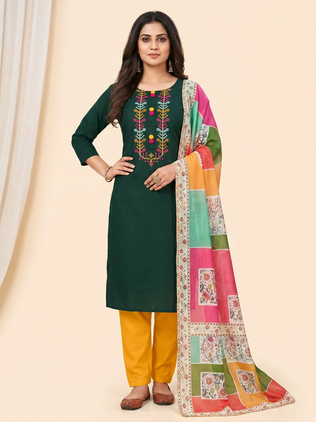 Bottle Green Casual Wear Embroidered Cotton Dress Material - Image 1