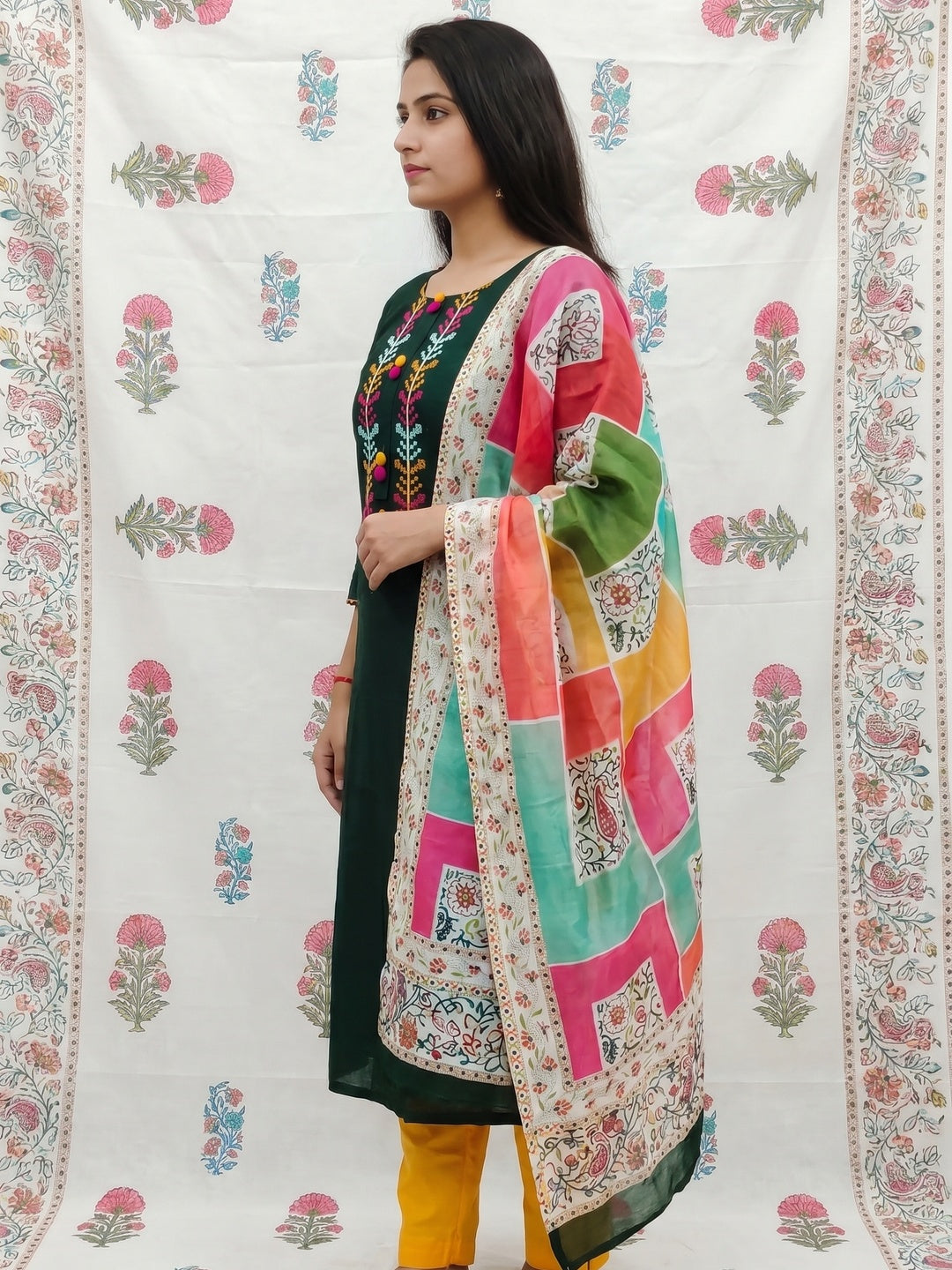 Bottle Green Casual Wear Embroidered Cotton Dress Material - Image 2