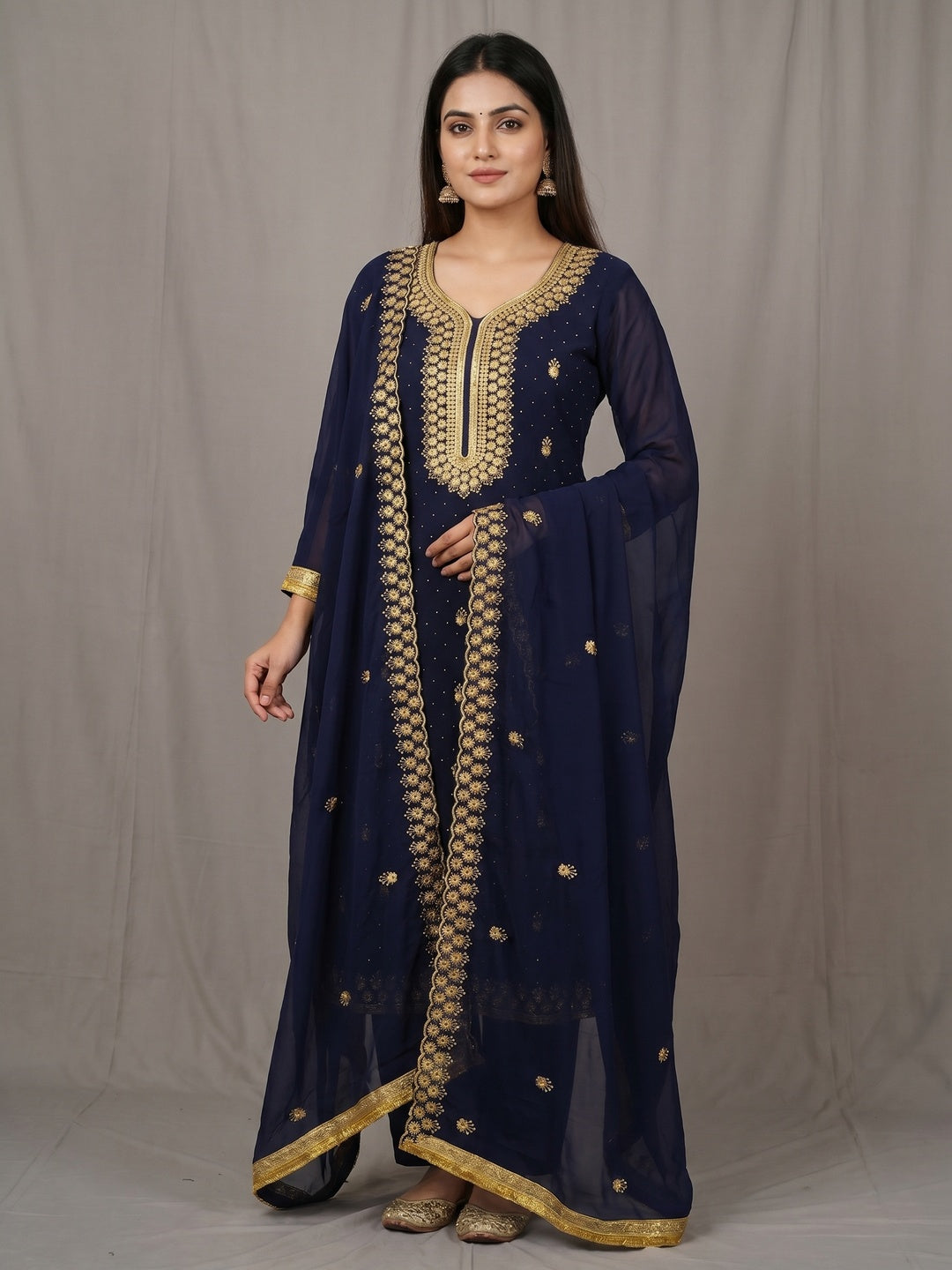 Blue Festive Wear Embroidered Georgette Dress Material - Image 1