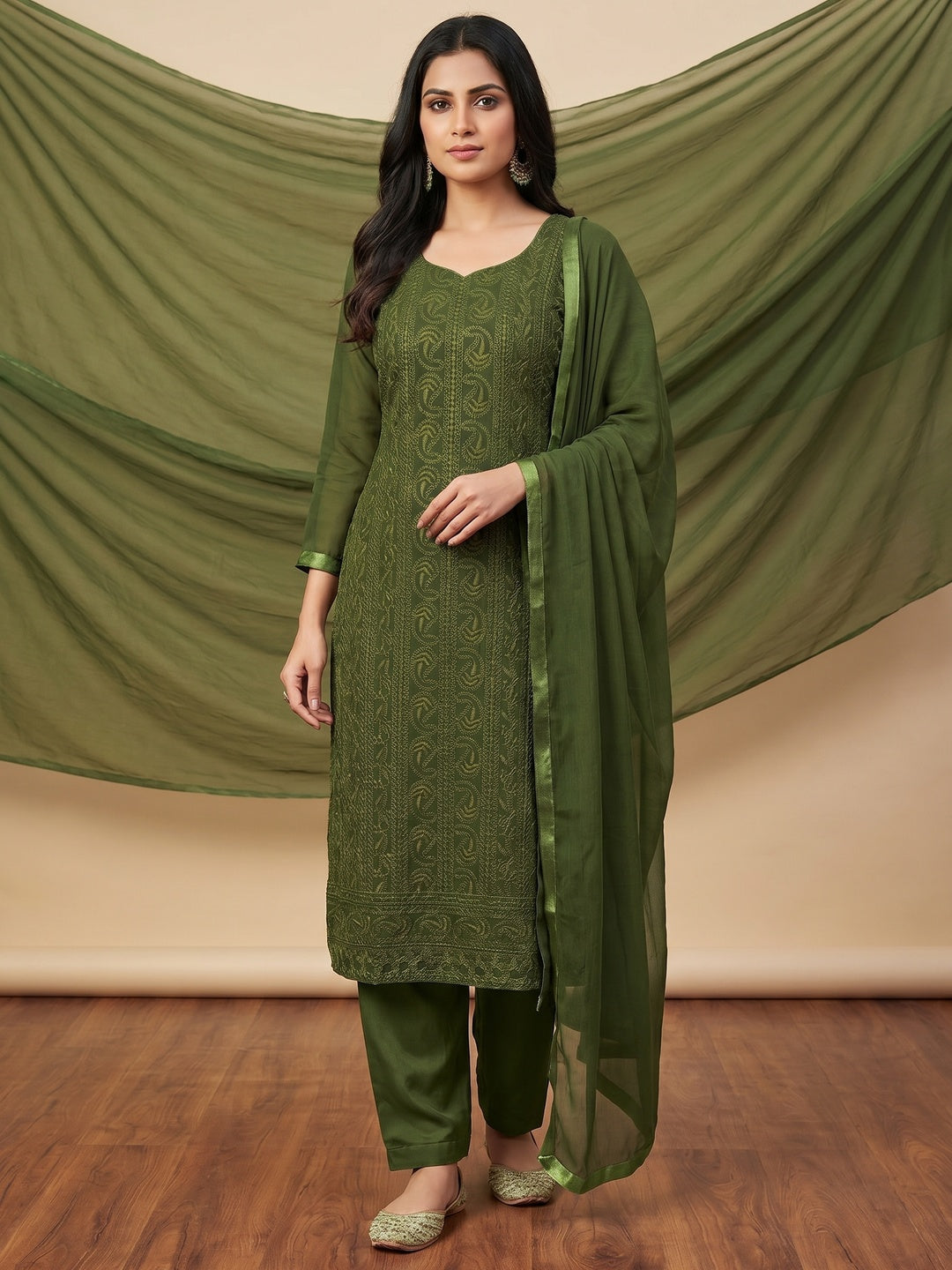 Green Festive Wear Heavy Embroidered Georgette Dress Material - Image 1
