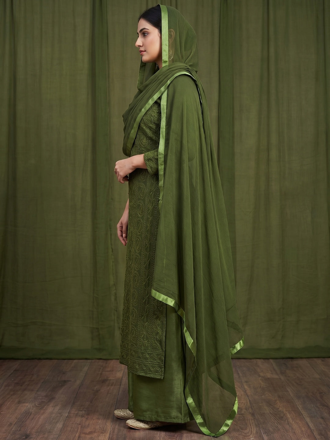 Green Festive Wear Heavy Embroidered Georgette Dress Material - Image 3