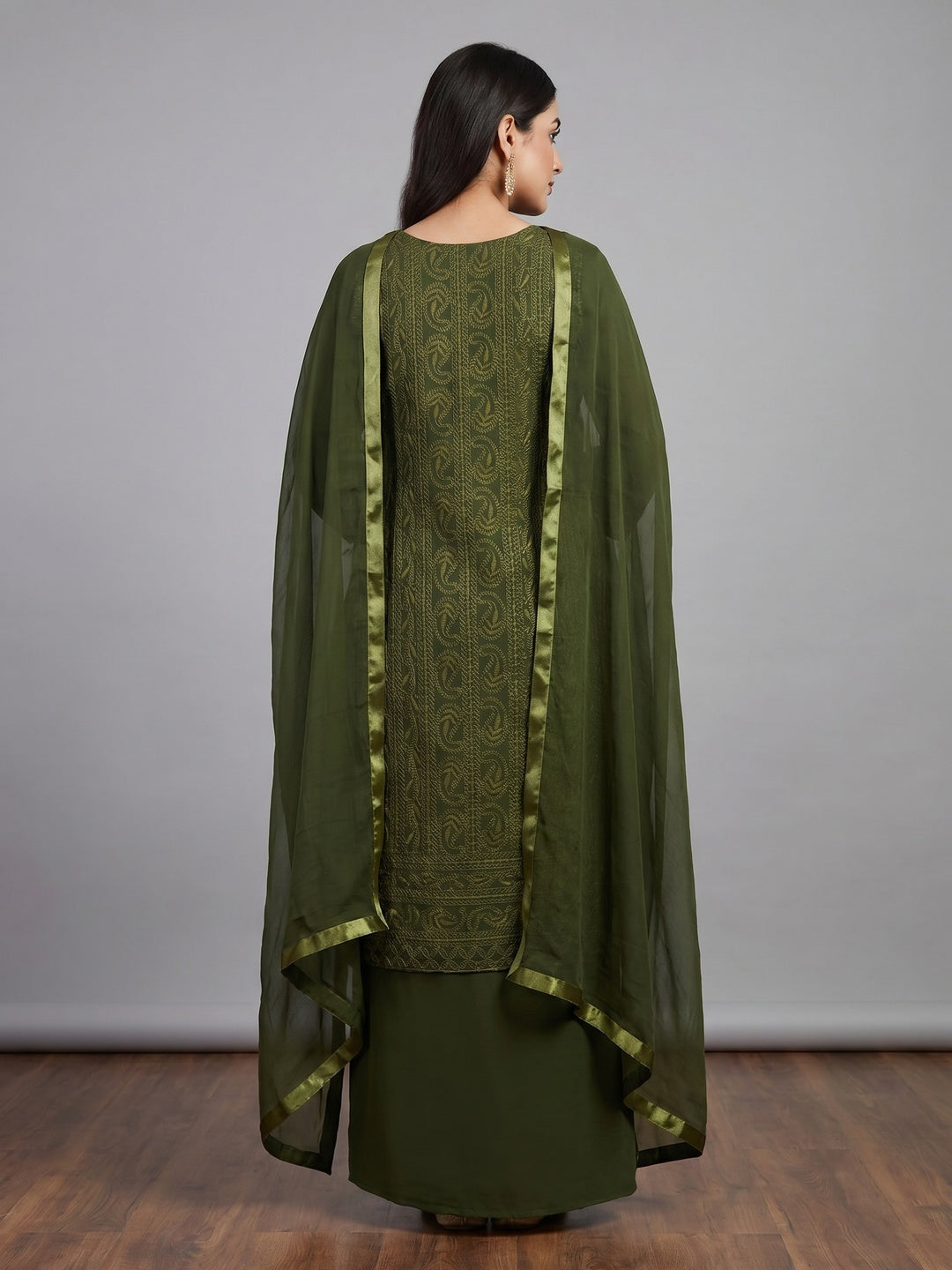 Green Festive Wear Heavy Embroidered Georgette Dress Material - Image 2