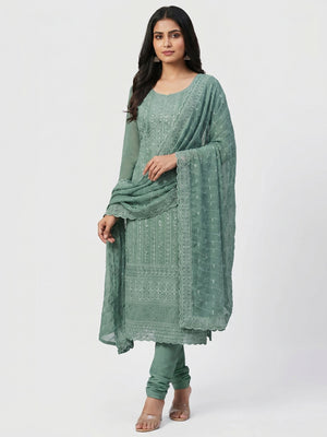 Grey Festive Wear Embroidered Georgette Dress Material - Image 1