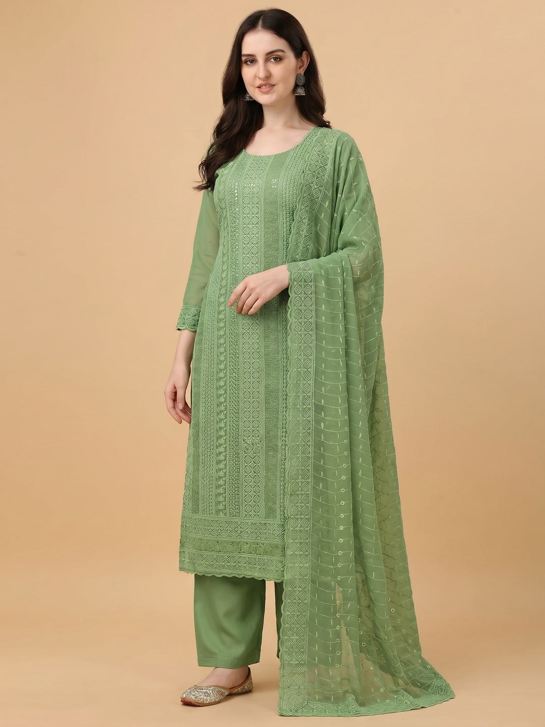 Green Festive Wear Embroidered Georgette Dress Material - Image 1