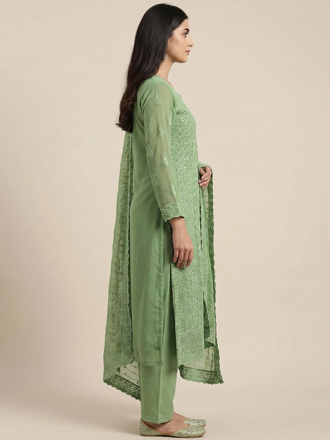 Green Festive Wear Embroidered Georgette Dress Material - Image 2
