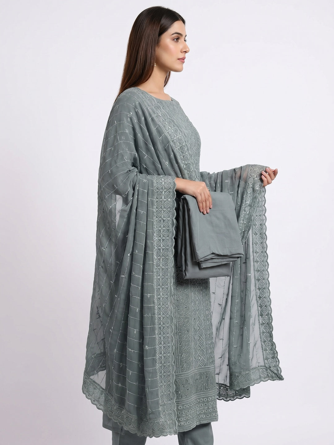 Grey Festive Wear Embroidered Georgette Dress Material - Image 3
