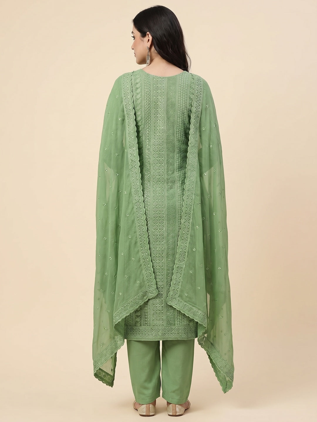 Green Festive Wear Embroidered Georgette Dress Material - Image 3