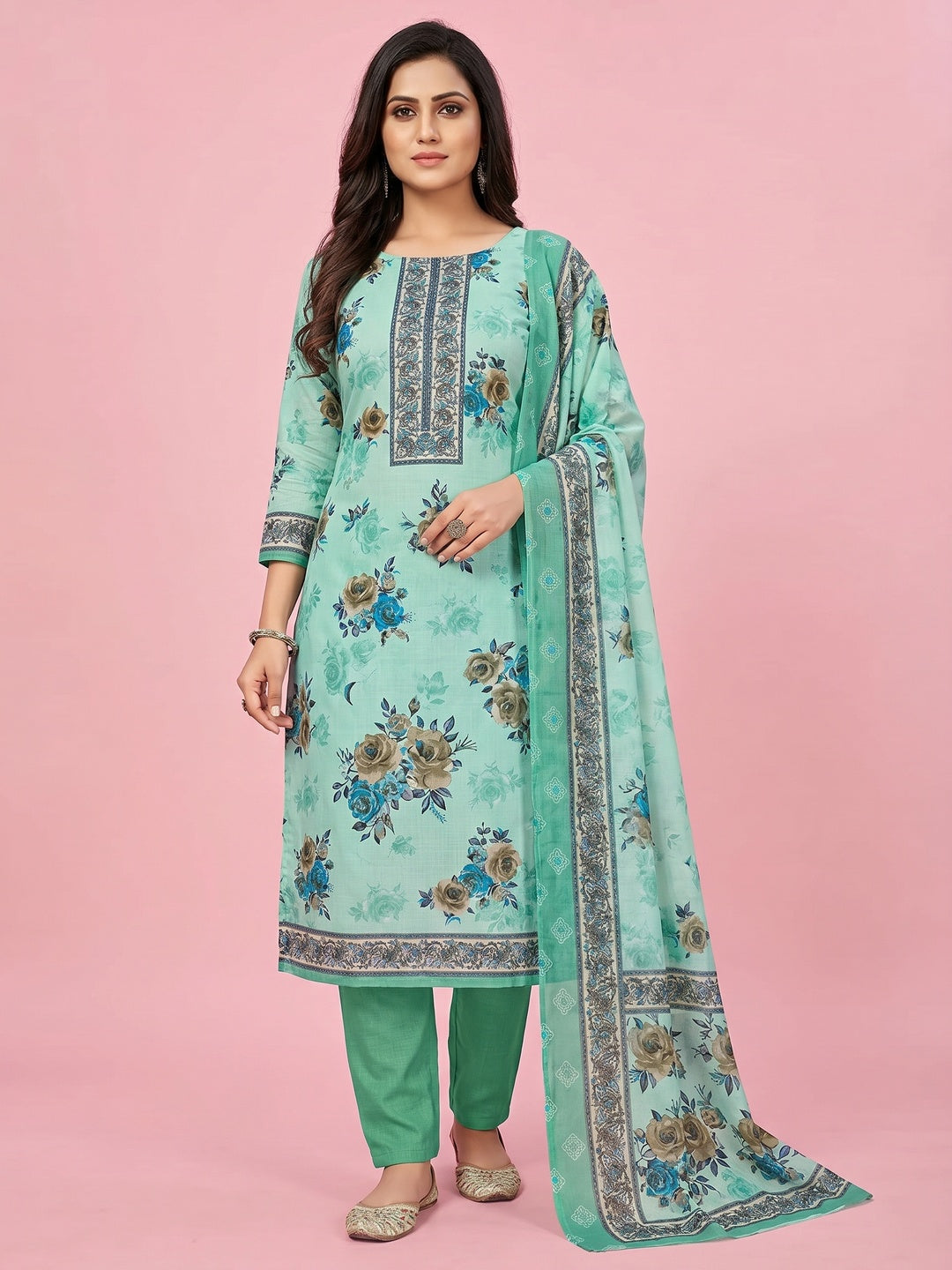 Sea-Green Casual Wear Printed Cotton Dress Material - Image 1
