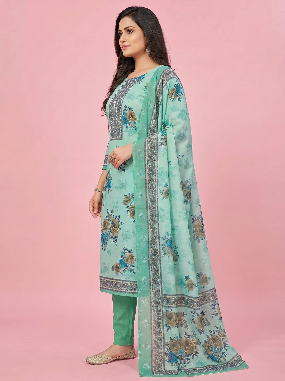 Sea-Green Casual Wear Printed Cotton Dress Material - Image 3