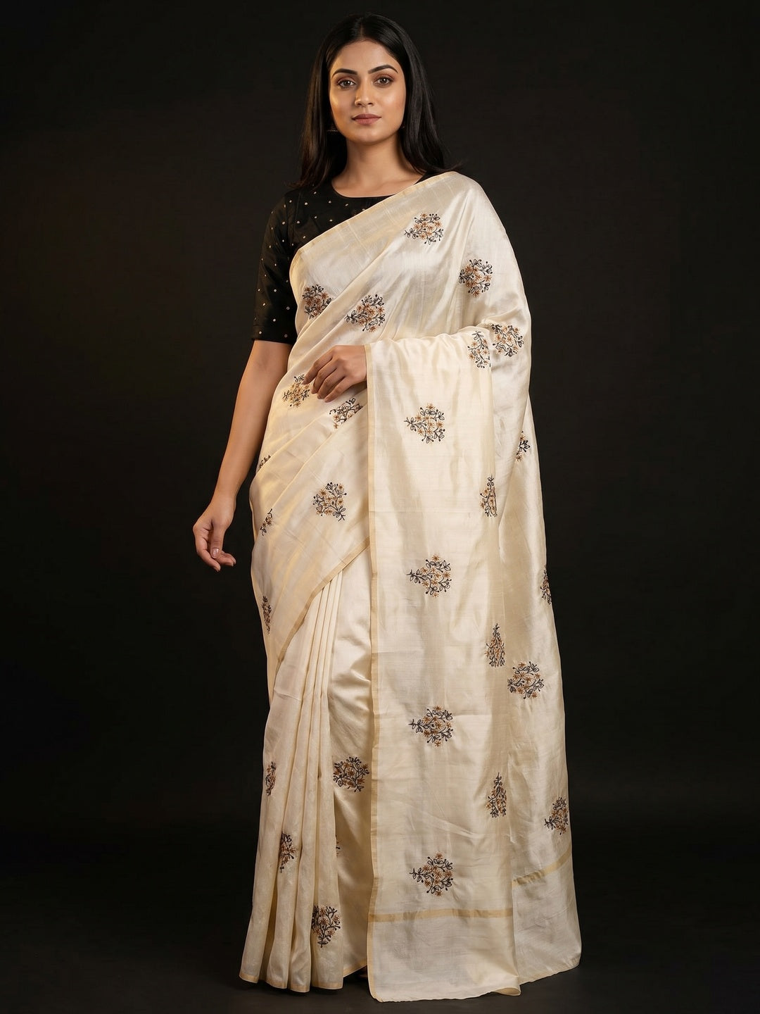 Energetic Offwhite Colored Partywear Floral Embroidered Silk Saree - Image 1