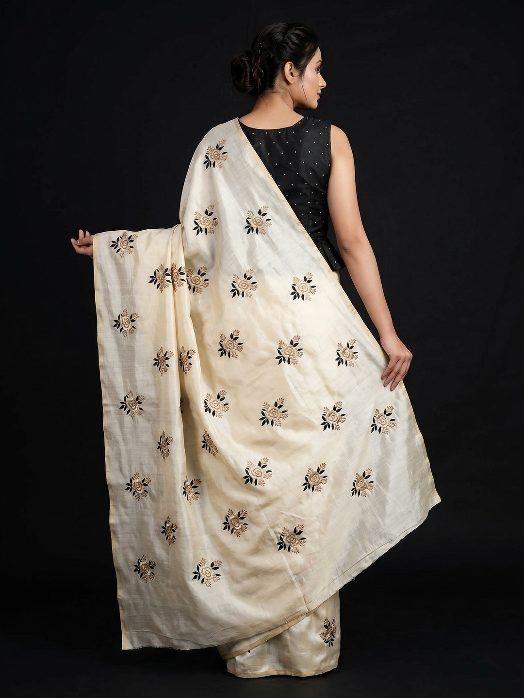 Offwhite Floral Embroidered Silk Saree - Image 2