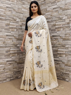 Offwhite Casual Wear Floral Embroidered Silk Saree - Image 1