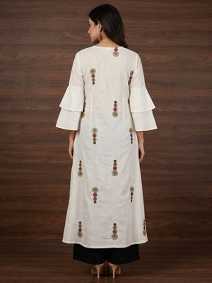 Off-White Casual Embroidery With Handwork Muslin Gown - Image 1
