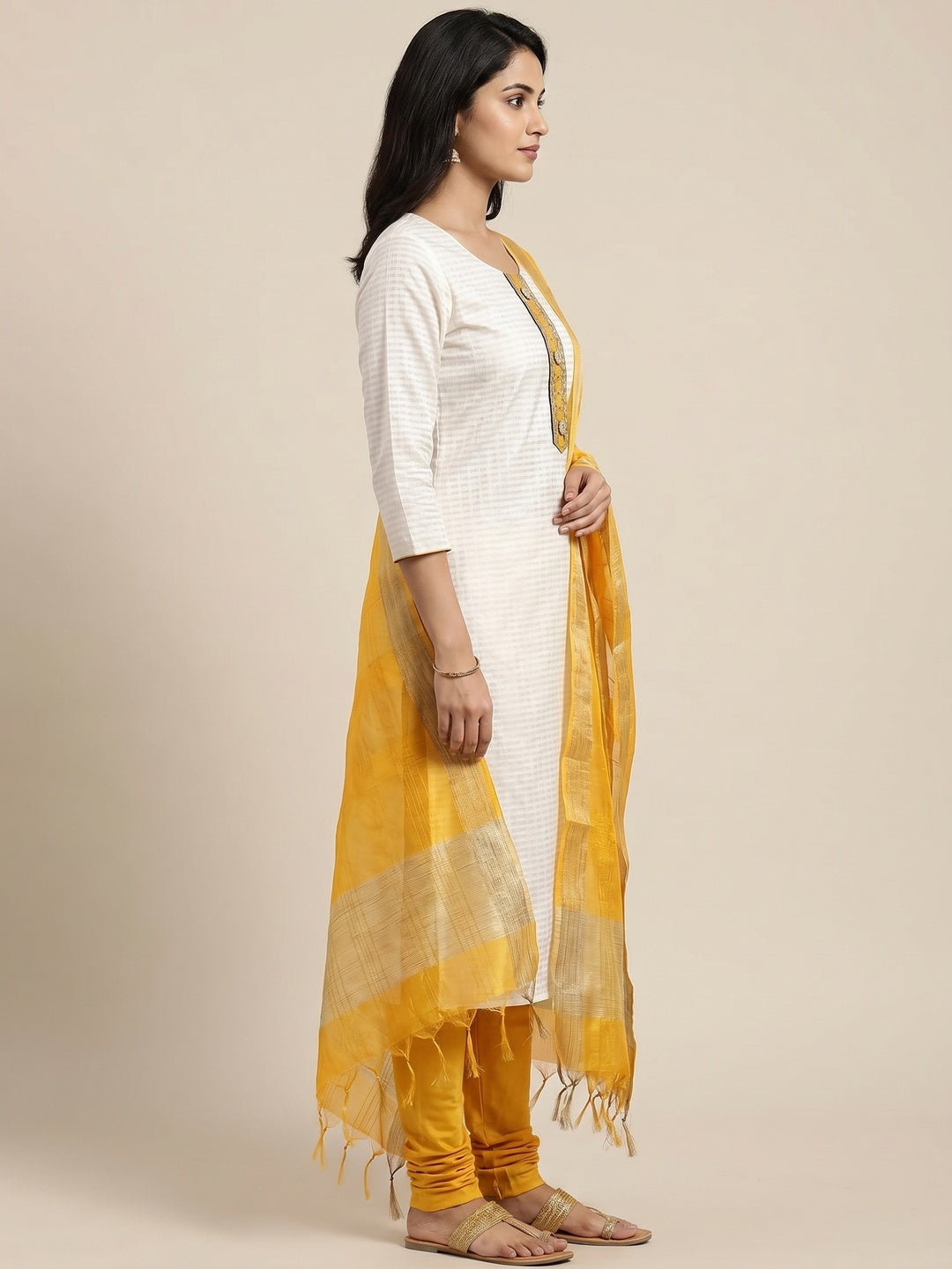 Off-White Festive Wear Woven Banarasi Silk Jacquard Dress Material - Image 2
