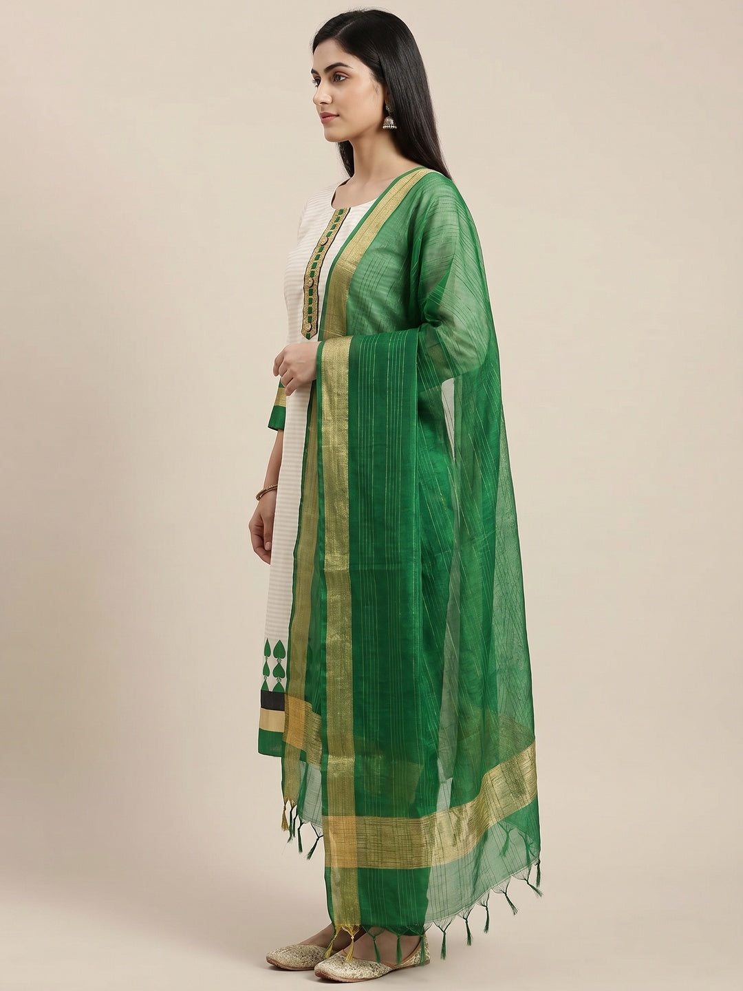 Off-White Festive Wear Woven Banarasi Silk Jacquard Dress Material - Image 2