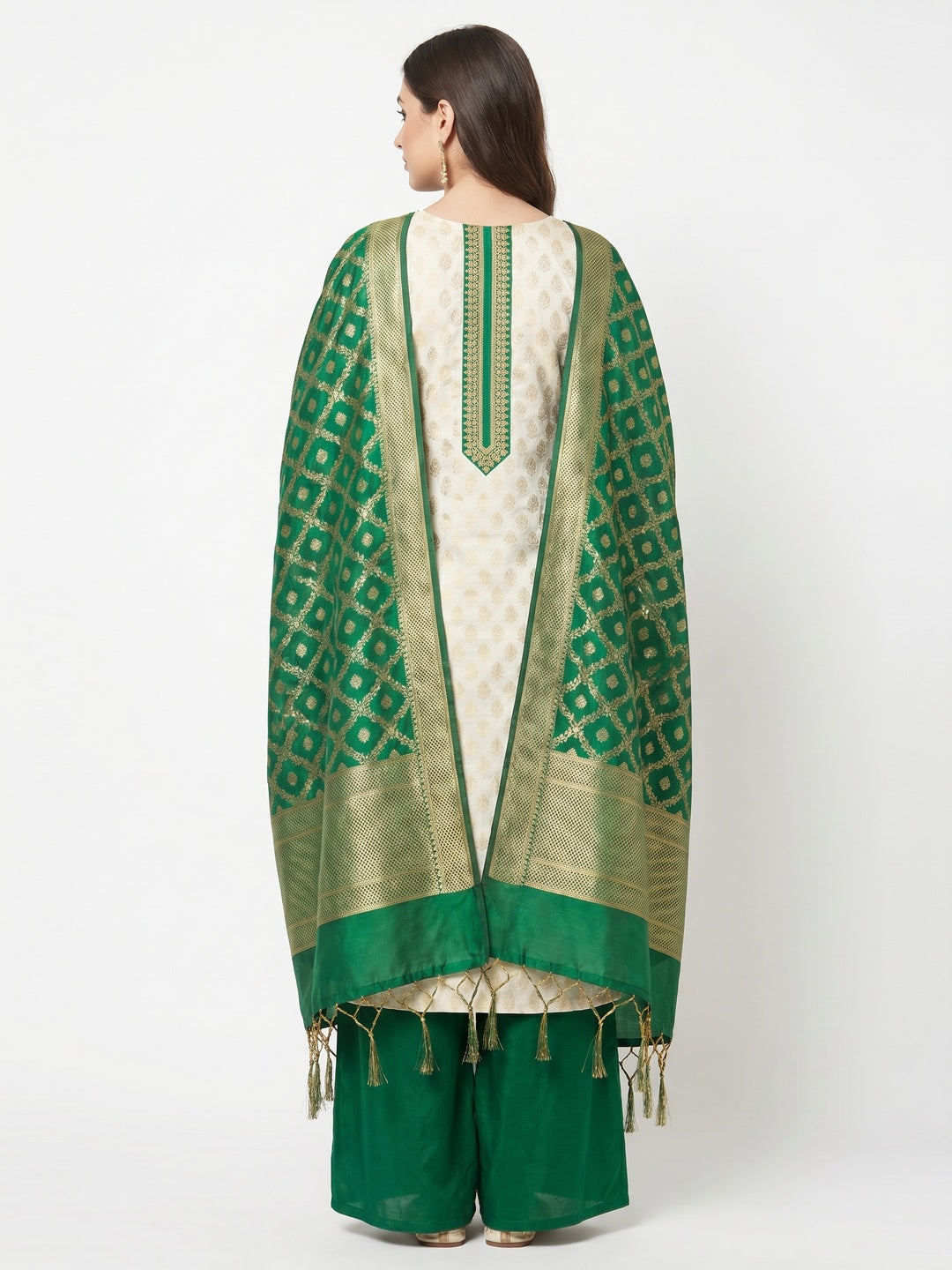 Off-White Festive Wear Woven Banarasi Silk Jacquard Dress Material - Image 3