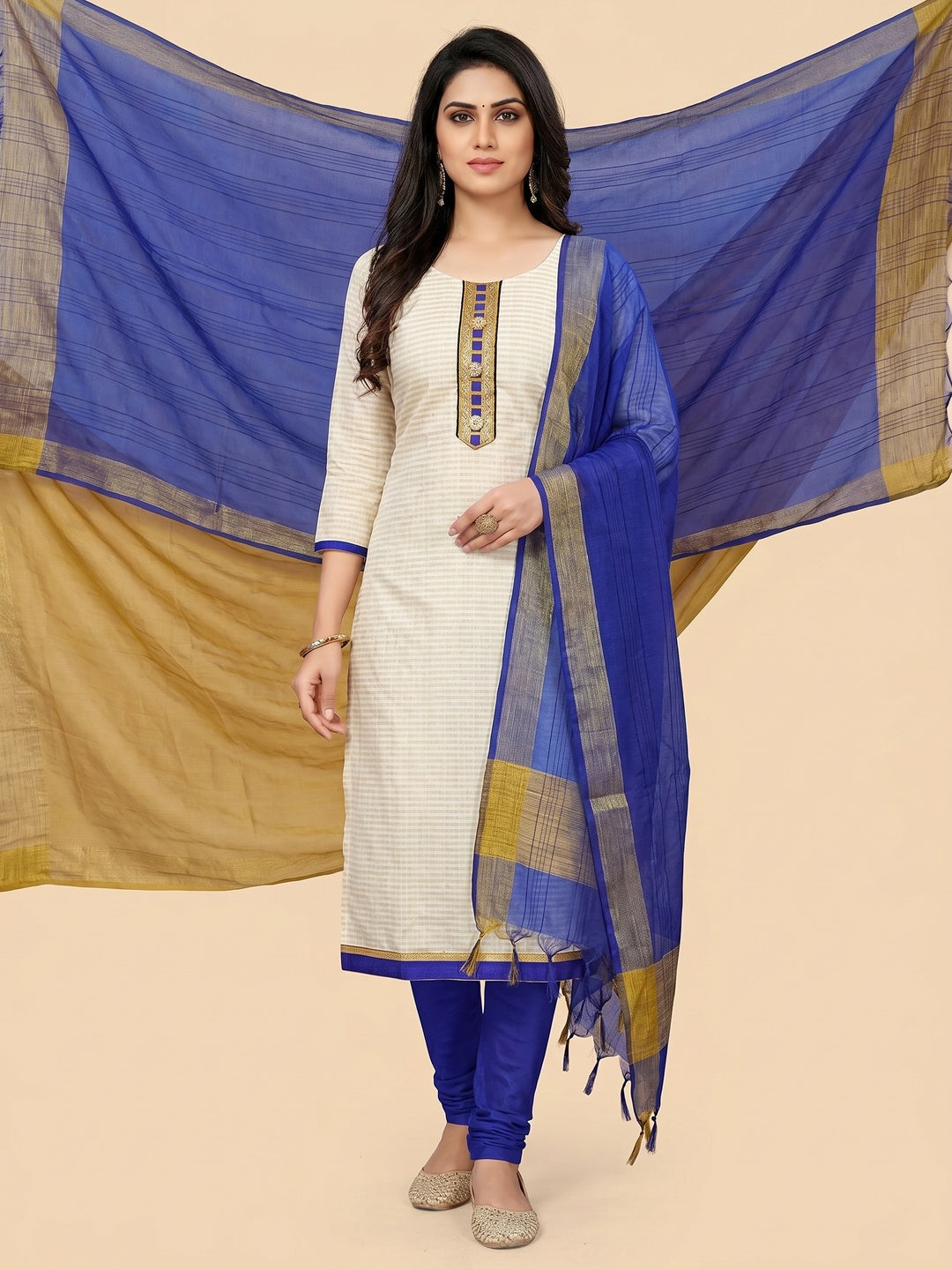 Off-White Festive Wear Woven Banarasi Silk Jacquard Dress Material - Image 1