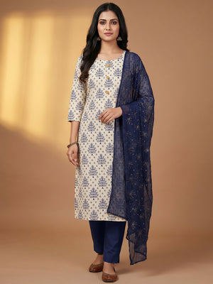 Off White - Blue Casual Wear Printed Cotton Dress Material - Image 1