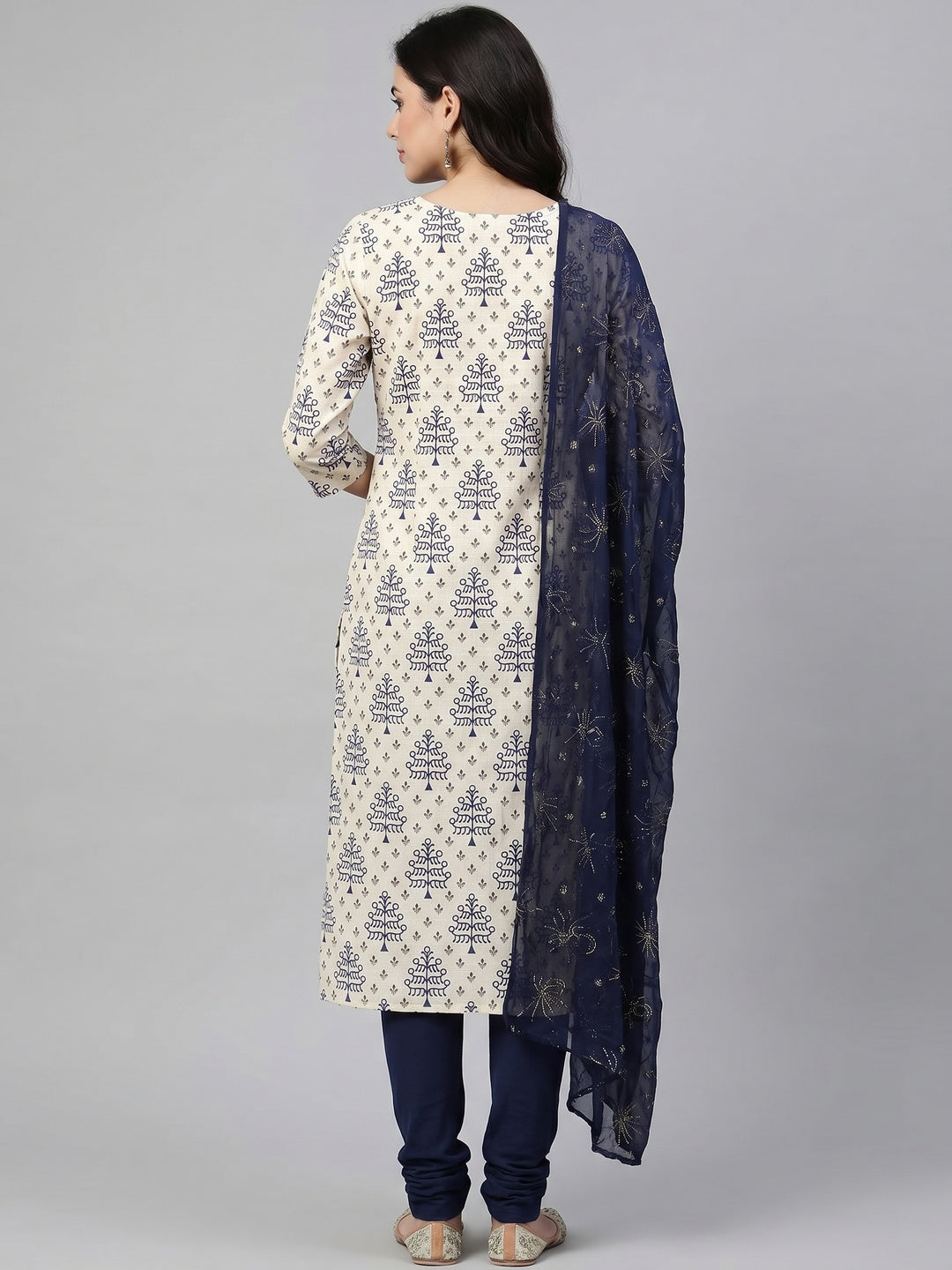 Off White - Blue Casual Wear Printed Cotton Dress Material - Image 2