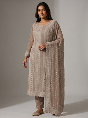 Brown Festive Wear Embroidered Georgette Dress Material - Image 1