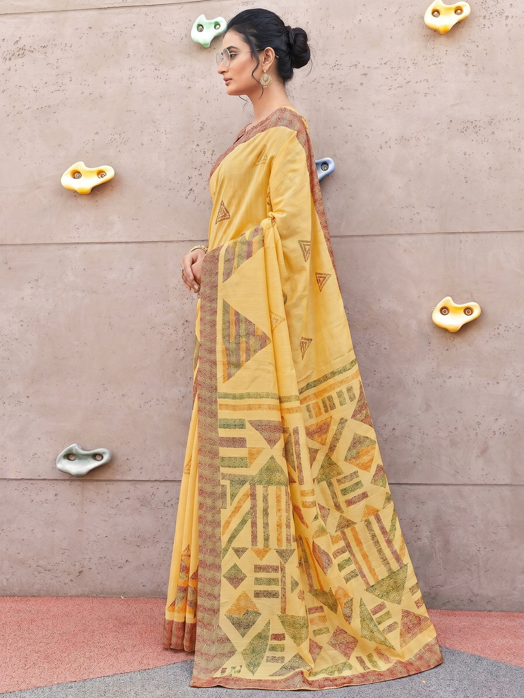 Yellow Casual Wear Geometric Printed Bhagalpuri Silk Saree - Image 1