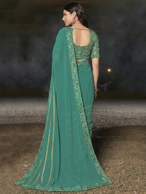 Sky Blue Partywear Embellished Georgette Saree - Image 1