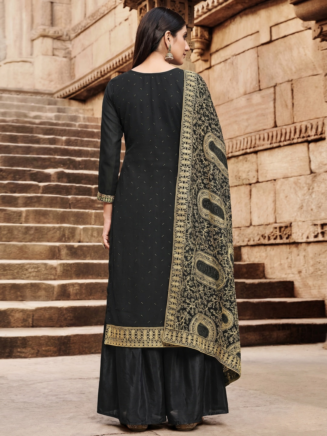 Black Partywear Embroidered Georgette Palazzo Suit - Image 1