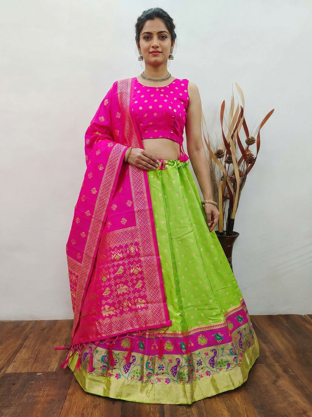 Green Festive Wear Woven Brocade Lehenga Choli - Image 1