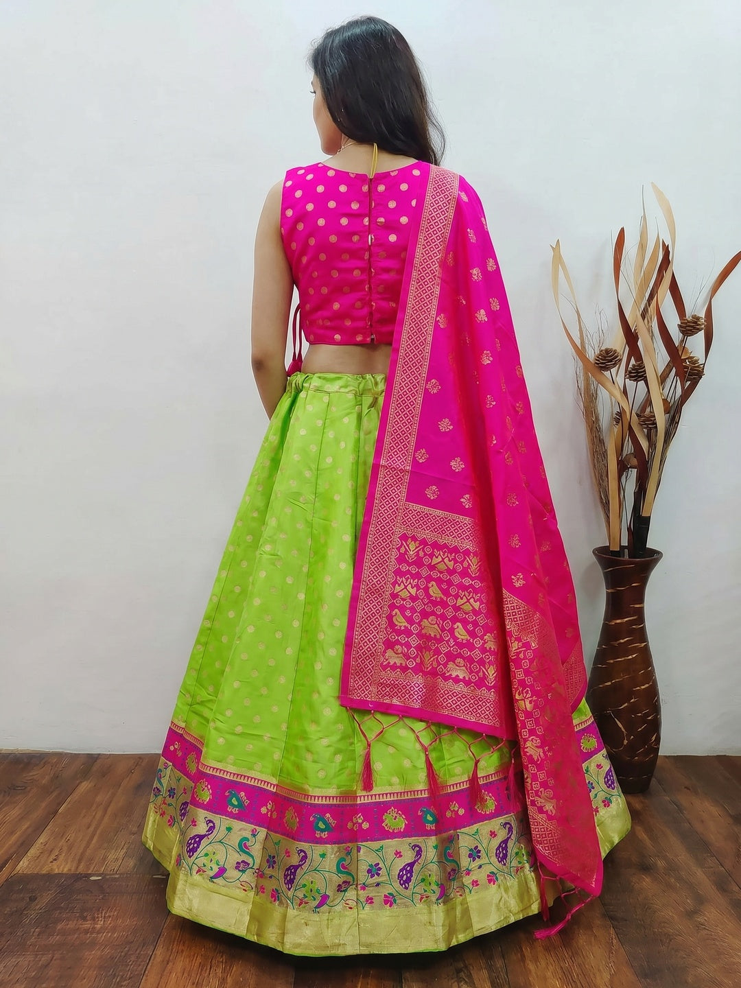 Green Festive Wear Woven Brocade Lehenga Choli - Image 2