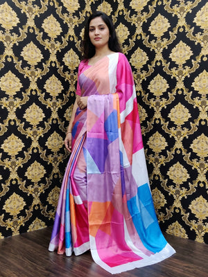 Ravishing Multi-Colored Casual Wear Digital Printed Satin Saree - Image 1