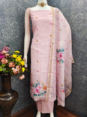 Elegant Floral Printed Pink Linen Dress Material Set - Image 2