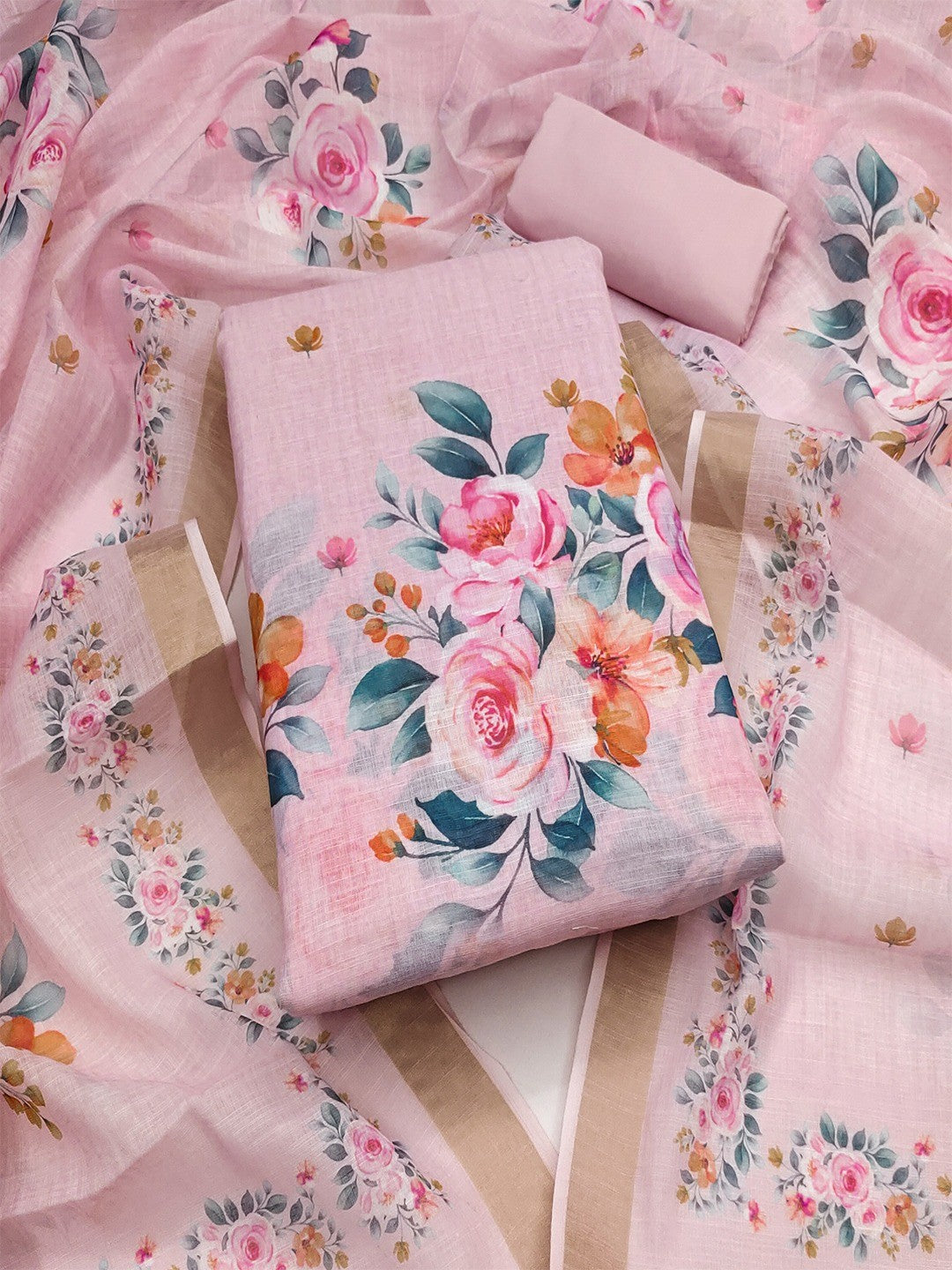Elegant Floral Printed Pink Linen Dress Material Set - Image 1