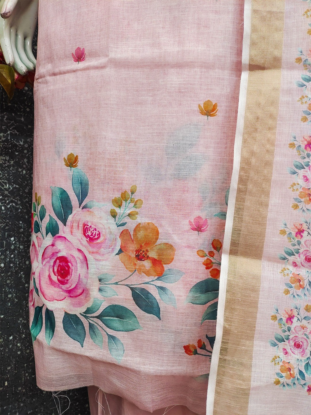 Elegant Floral Printed Pink Linen Dress Material Set - Image 4