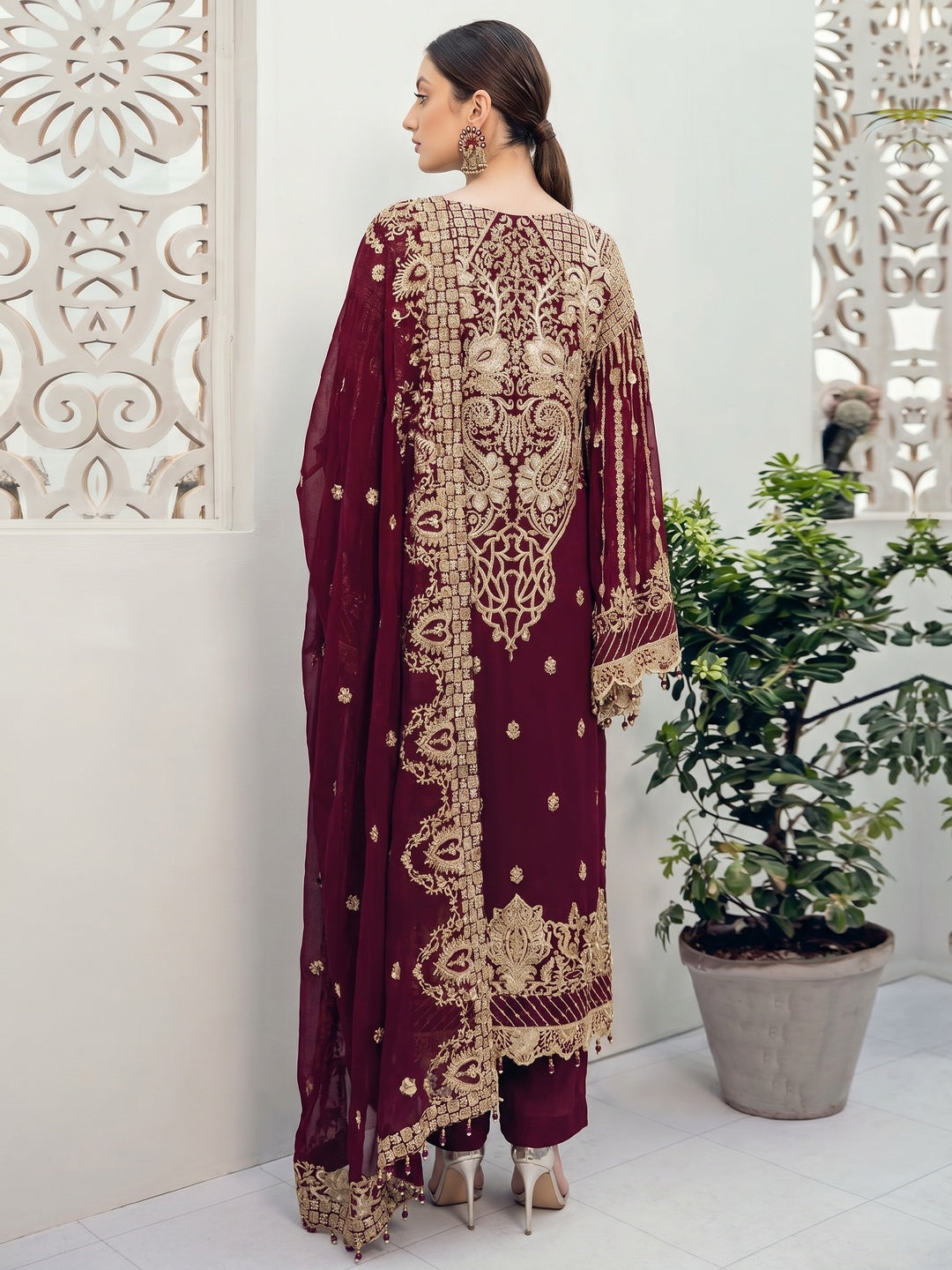 Maroon Partywear Embroidered Georgette Pakistani Suit - Image 1