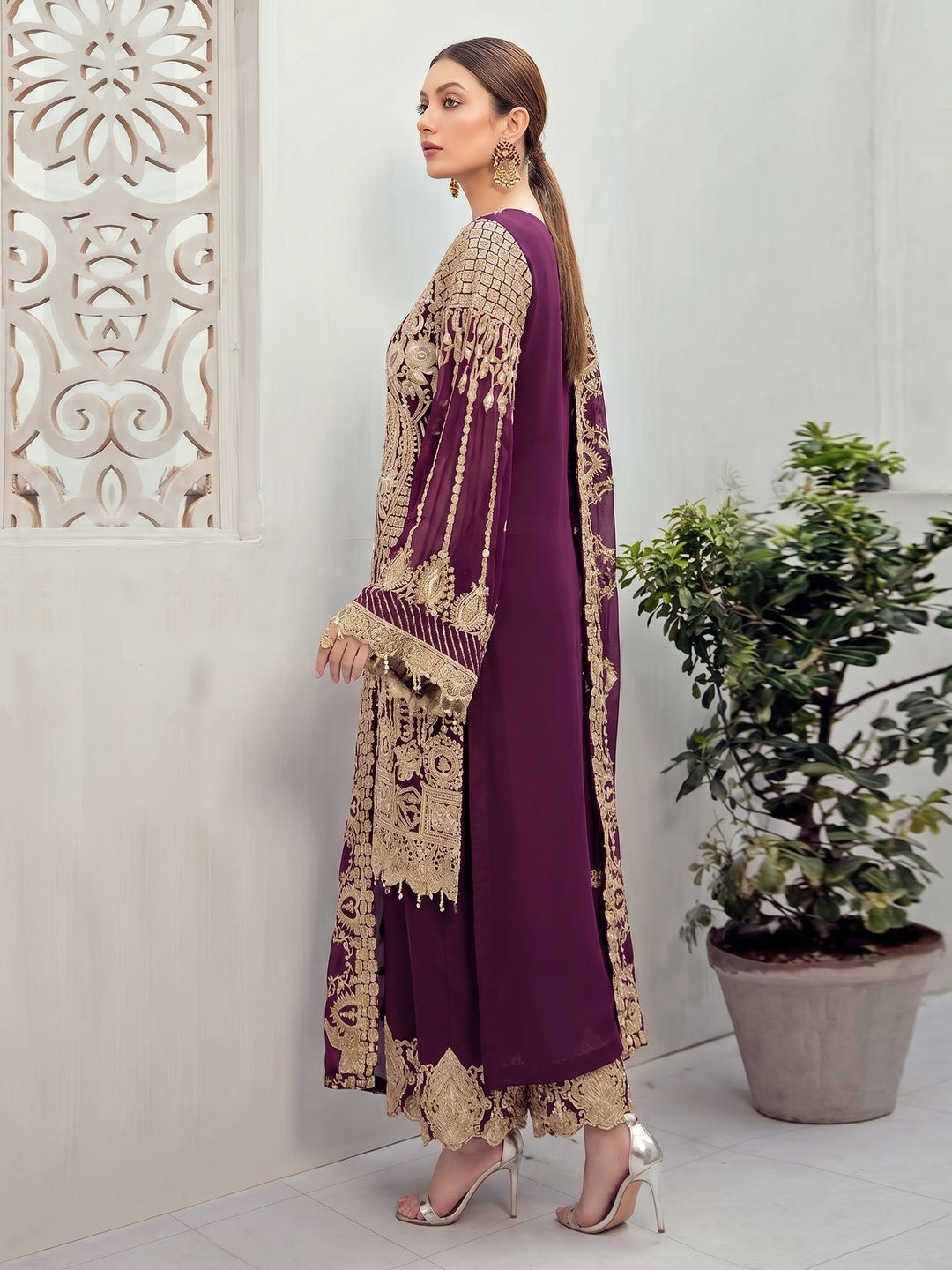 Purple Partywear Embroidered Georgette Pakistani Suit - Image 1