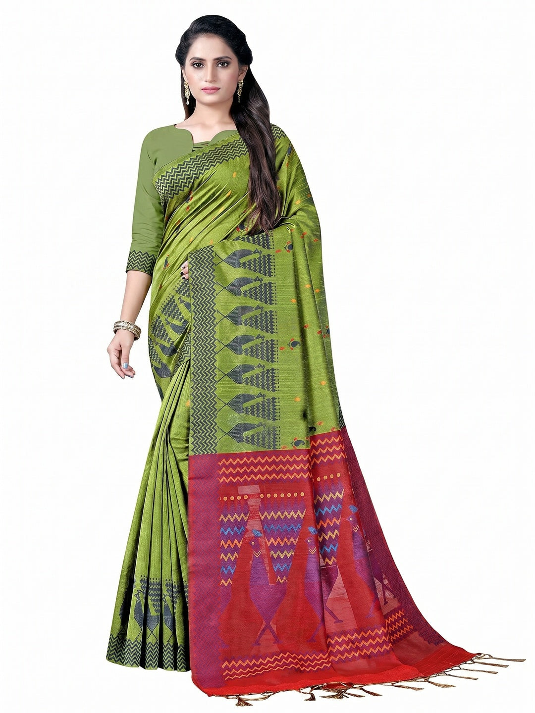 Flirty Green Colored Festive Wear Printed Cotton Saree - Image 1