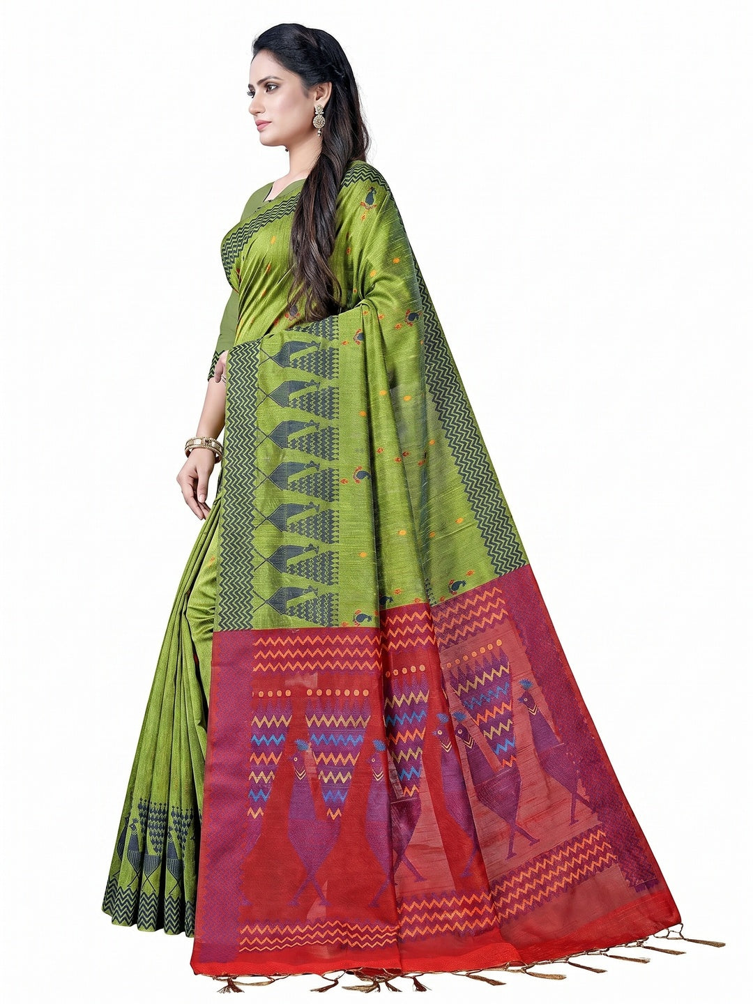 Flirty Green Colored Festive Wear Printed Cotton Saree - Image 2