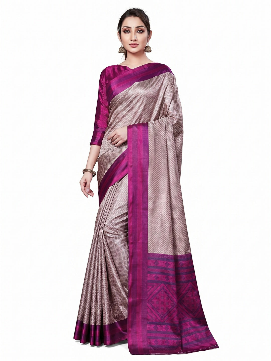 Ravishing Beige Colored Casual Wear Printed Crepe Saree - Image 1