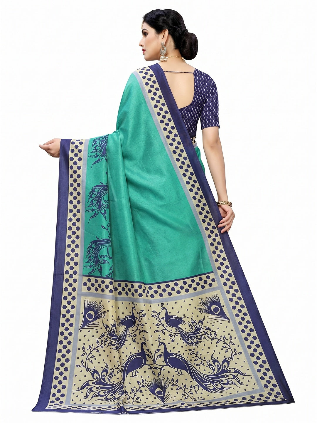 Cream Green Printed Art Silk Half N Half Saree - Image 2