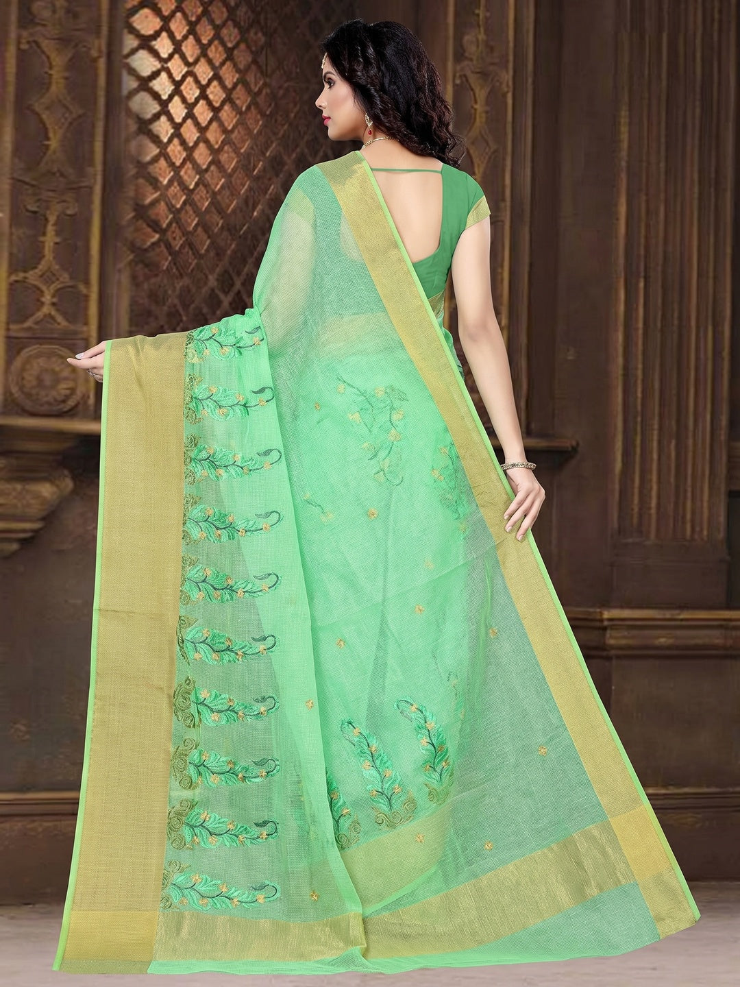 Ideal Green Colored Casual Wear Printed Net Saree - Image 2