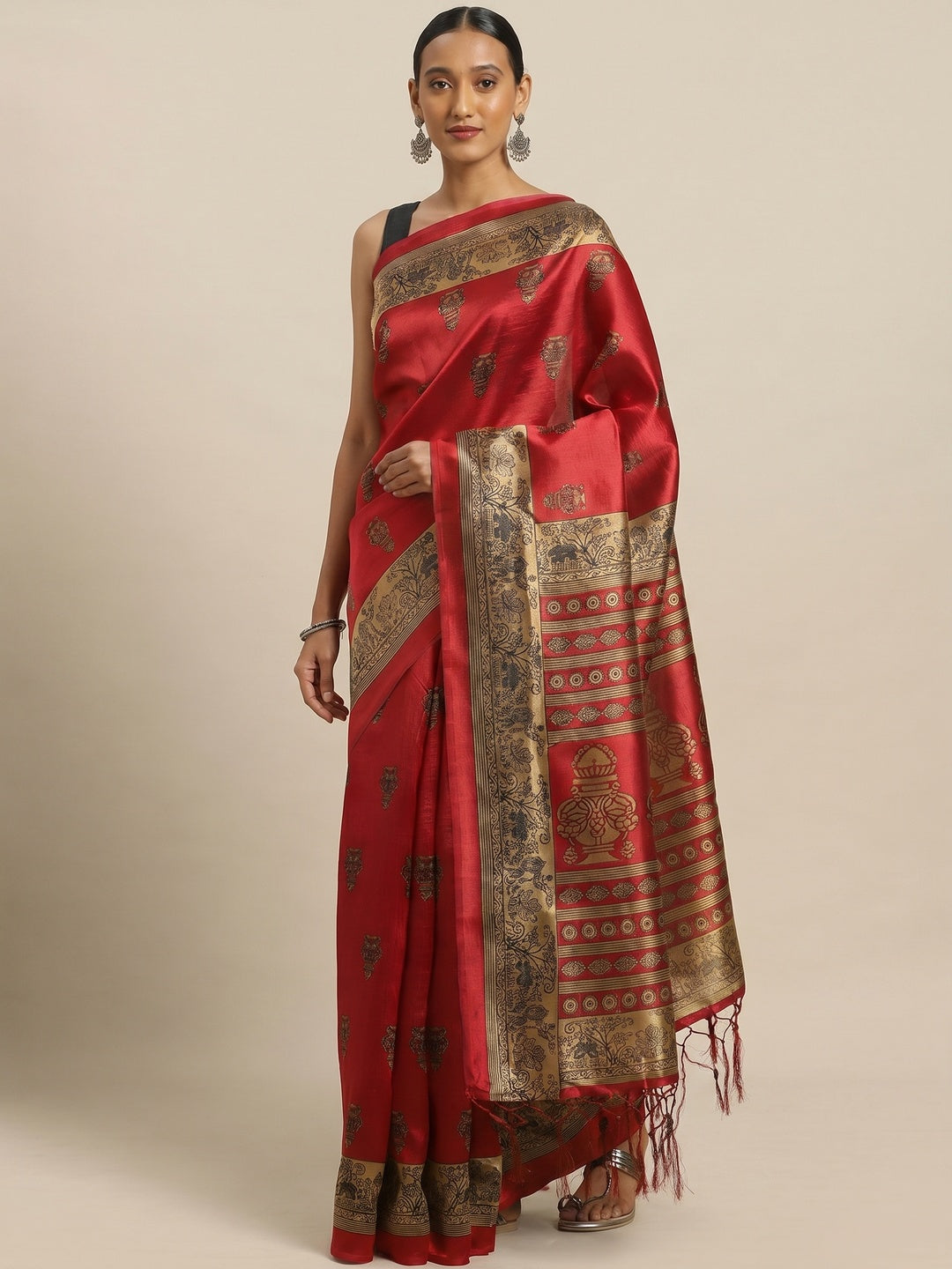 Sensational Red Colored Festive Wear Printed Poly Silk Saree - Image 1
