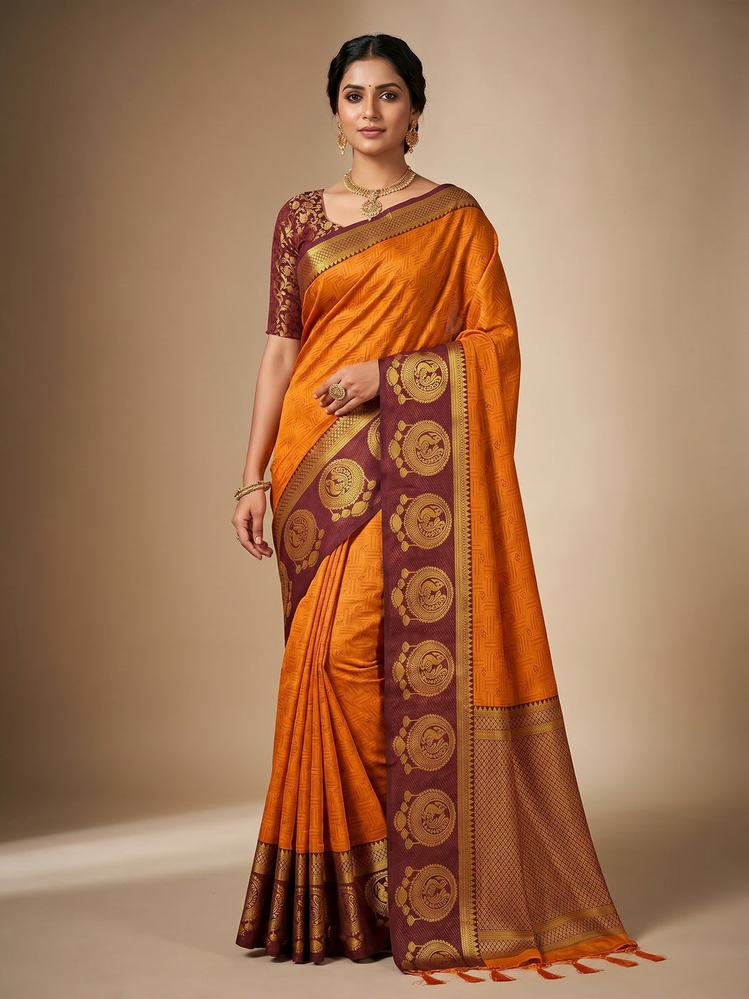 Engrossing Orange Coloured Casual Wear Printed Self Cotton Silk Saree - Image 1