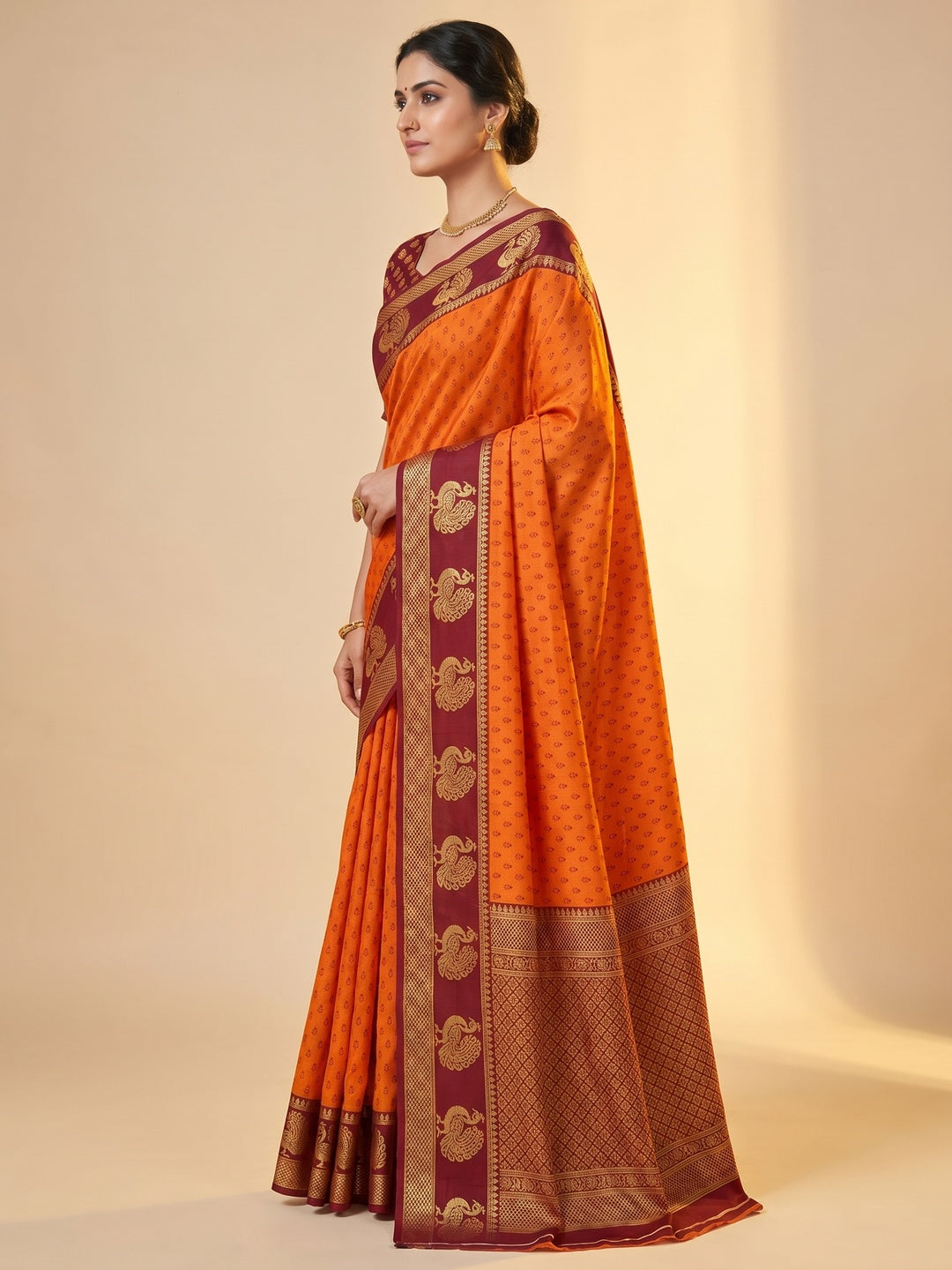 Engrossing Orange Coloured Casual Wear Printed Self Cotton Silk Saree - Image 2